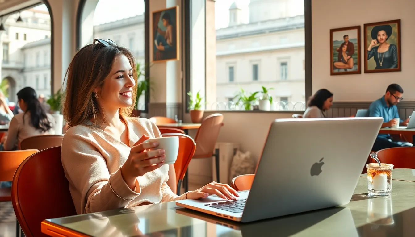 digital nomad working in a sunlit café with a laptop and espresso.