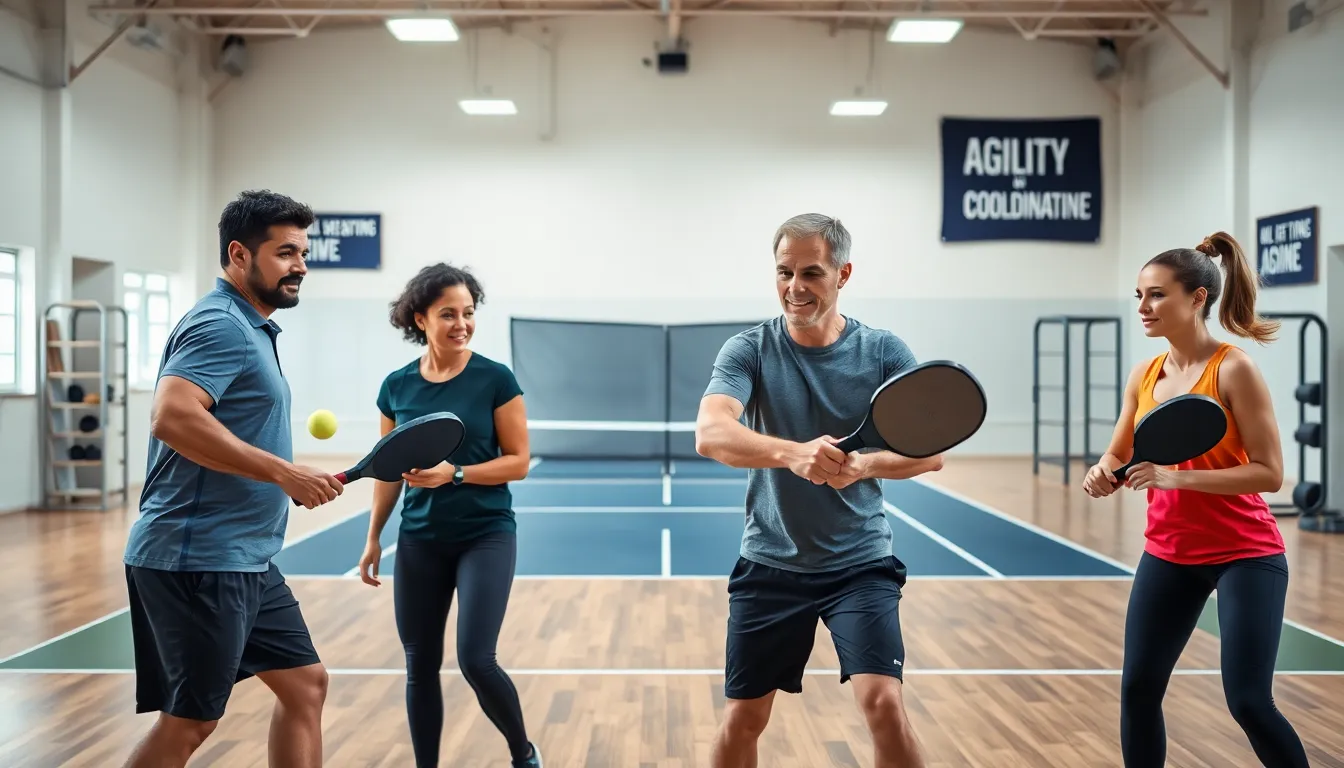 diverse group training with pickleball in a modern gym setting.