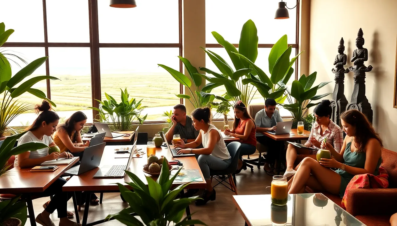 diverse digital nomads working in a Bali co-working space.