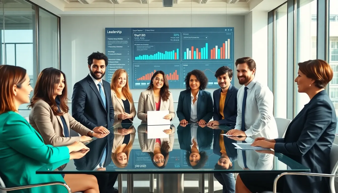 diverse team discussing leadership skills in a modern office.