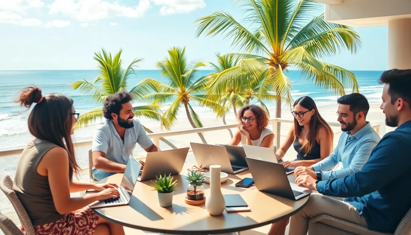 group of digital nomads working on a beach terrace.