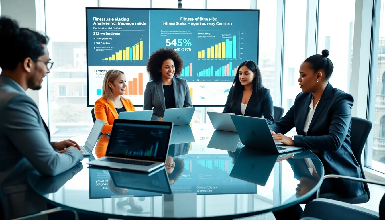 diverse team collaborating on fitness sales strategies in a modern setting.