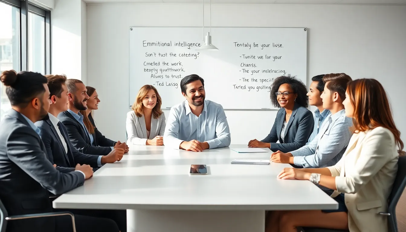 diverse professionals discussing leadership and emotional intelligence in a conference room.