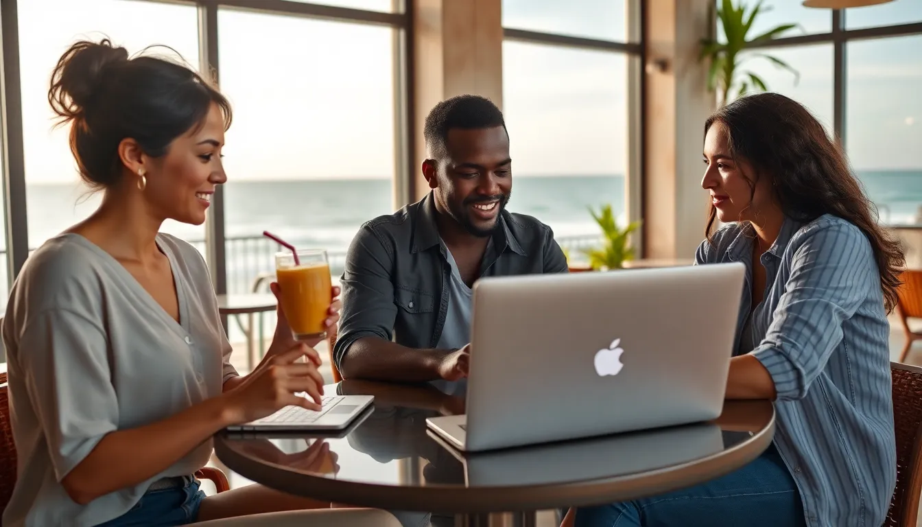 diverse team working in a beachside cafe.