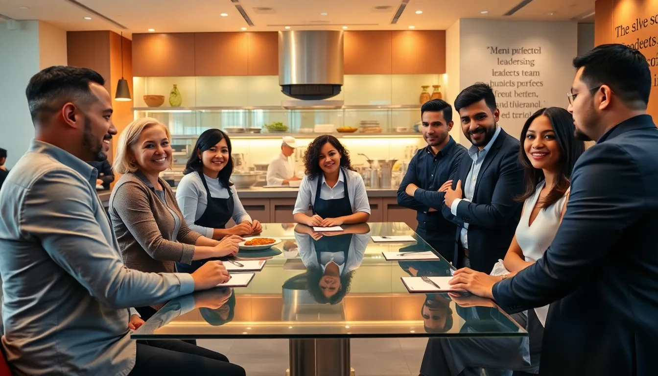 diverse restaurant leaders collaborating in a modern dining space.